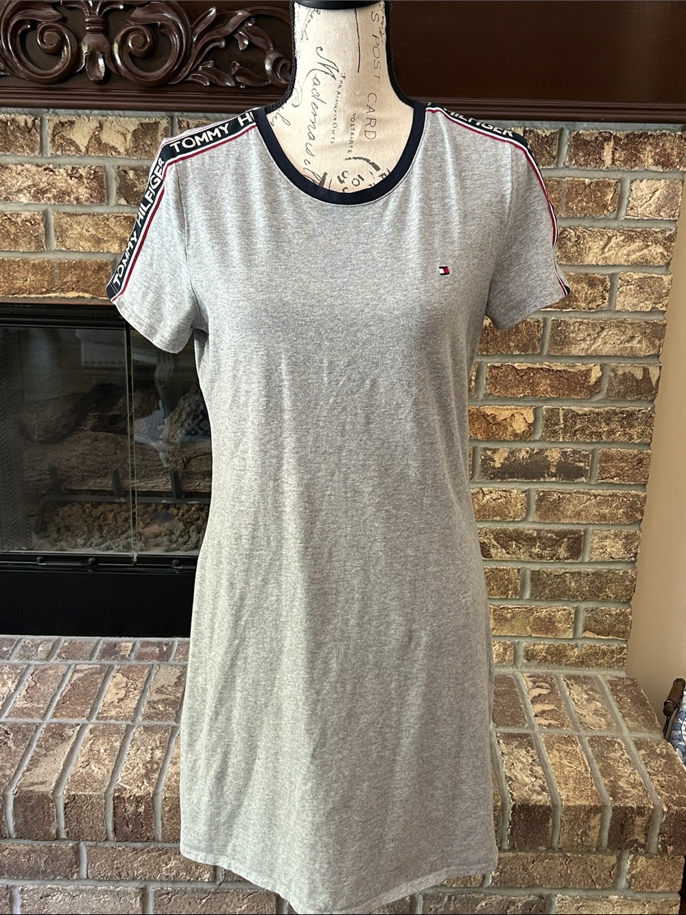Tommy Hilfiger Gray Short Sleeve Logo Tee Shirt Dress with Navy Trim